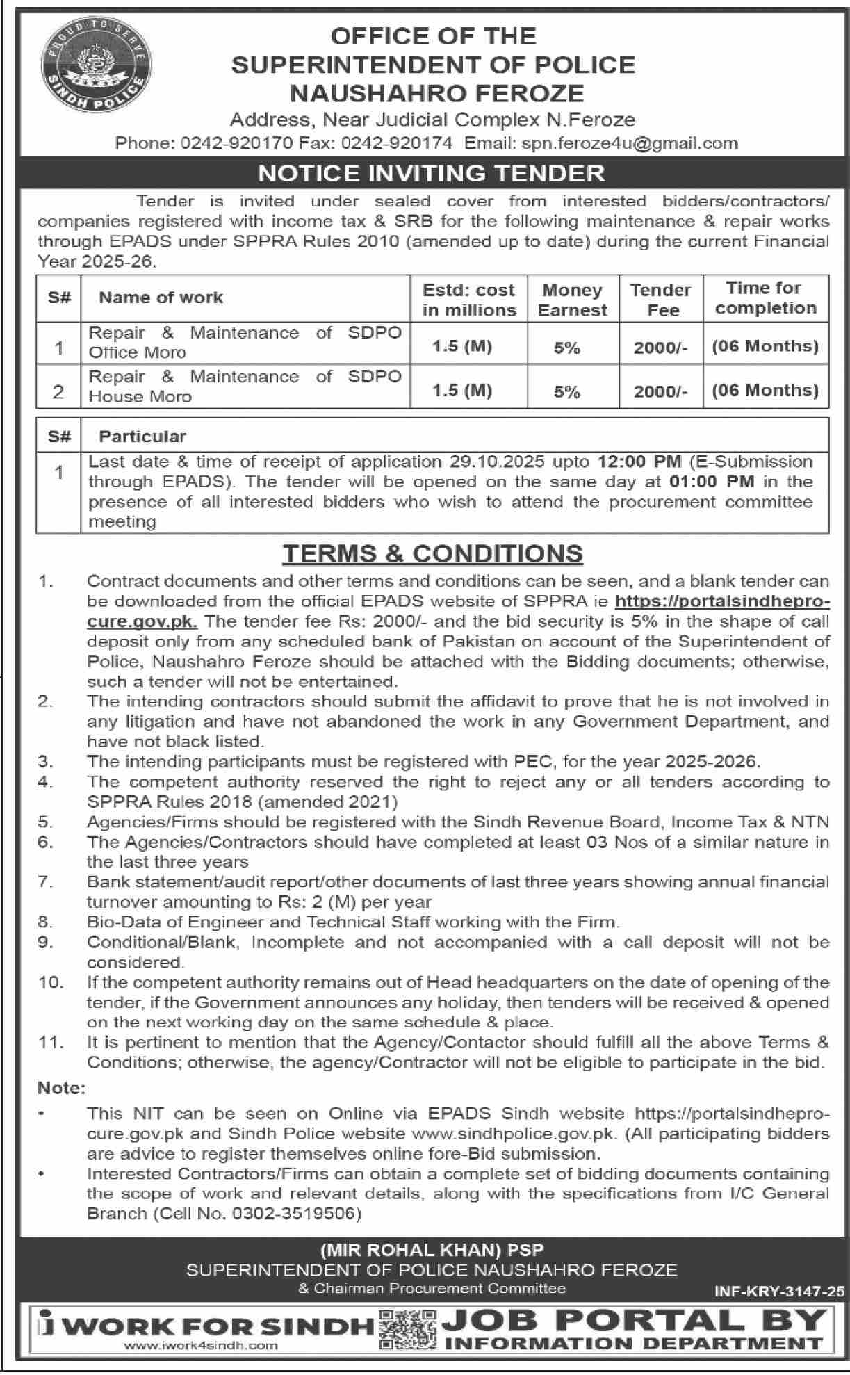 Sindh Police Karachi Tender Notice